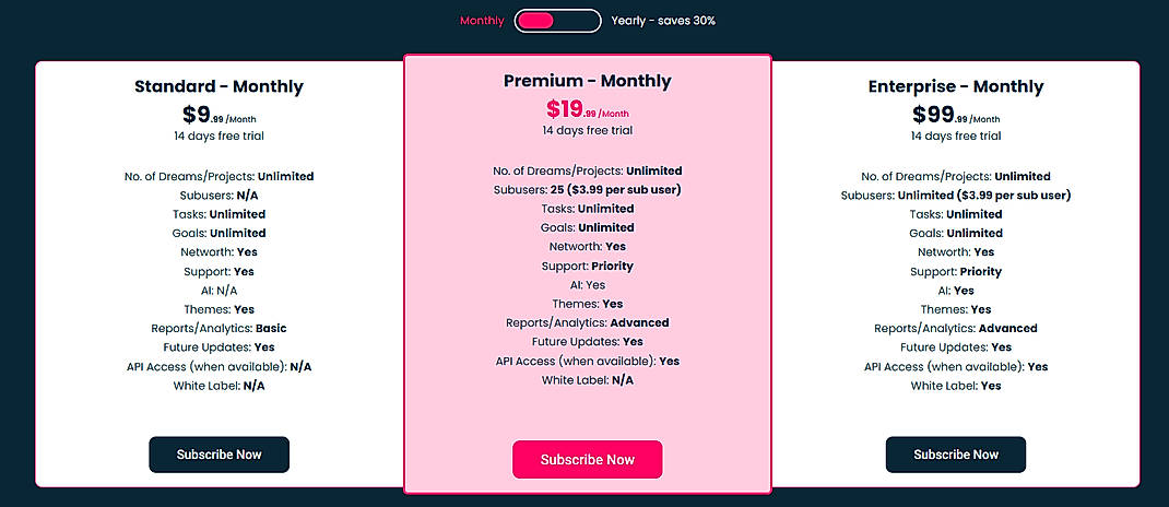 Pricing screenshot