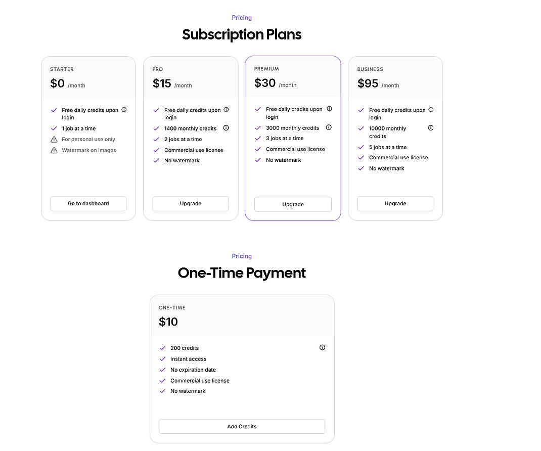 Pricing screenshot
