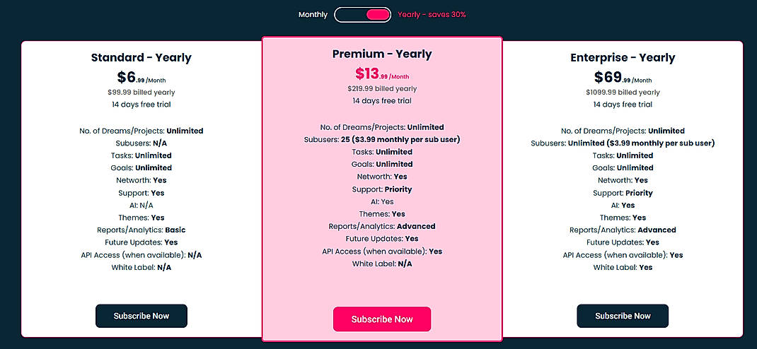 Pricing screenshot