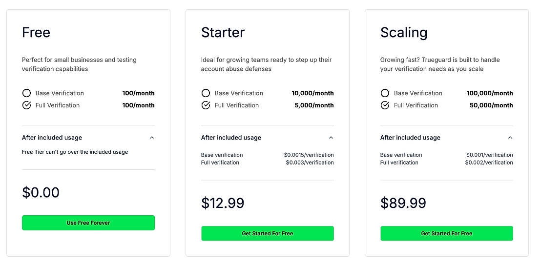 Pricing screenshot