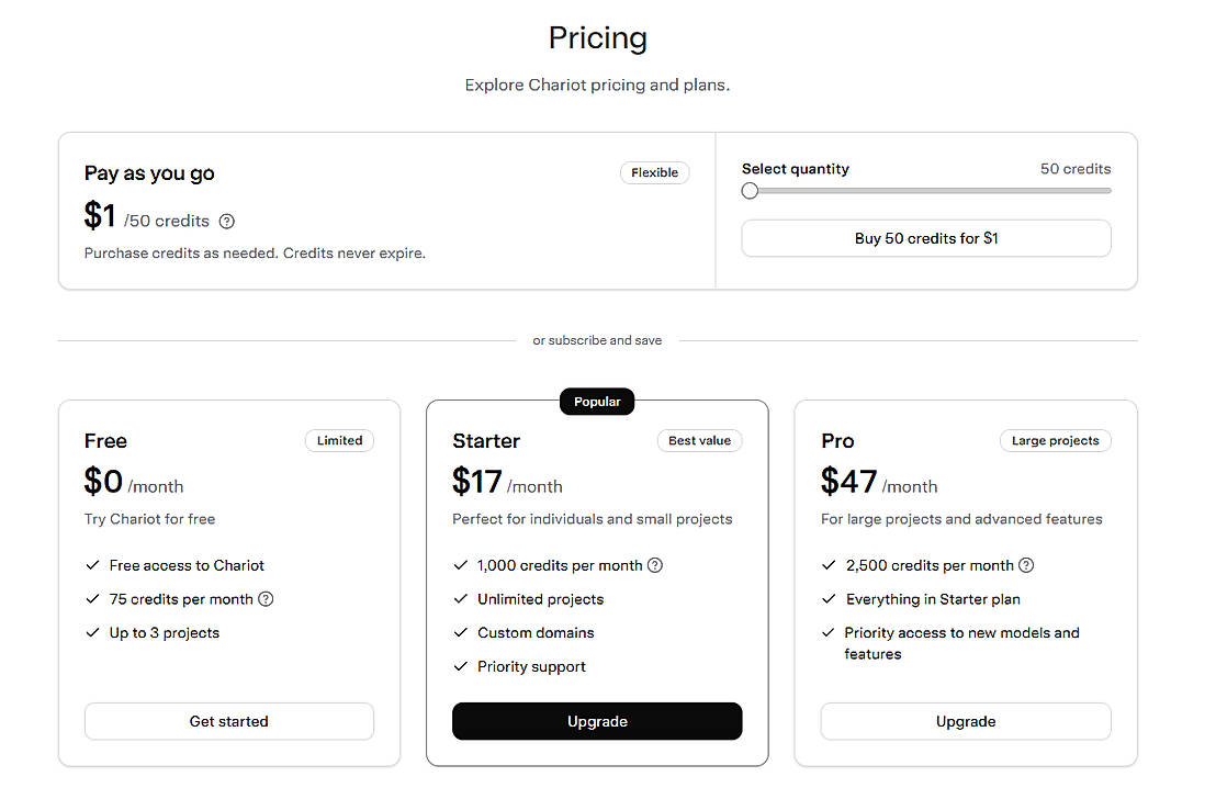 Pricing screenshot