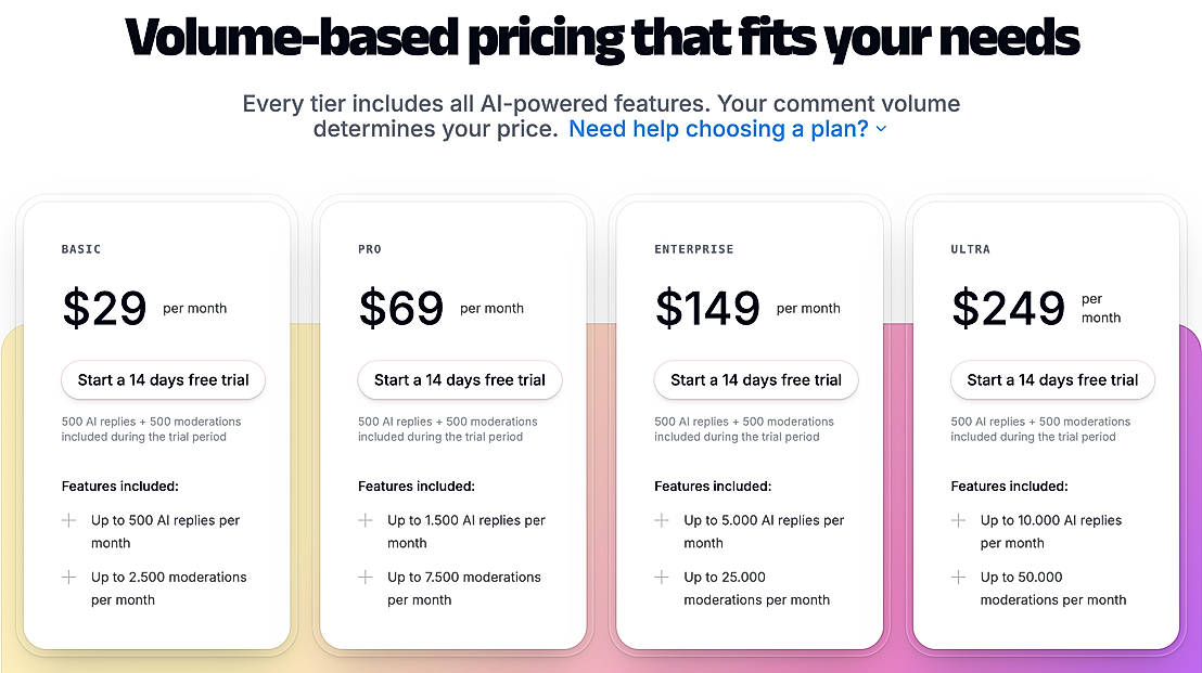 Pricing screenshot