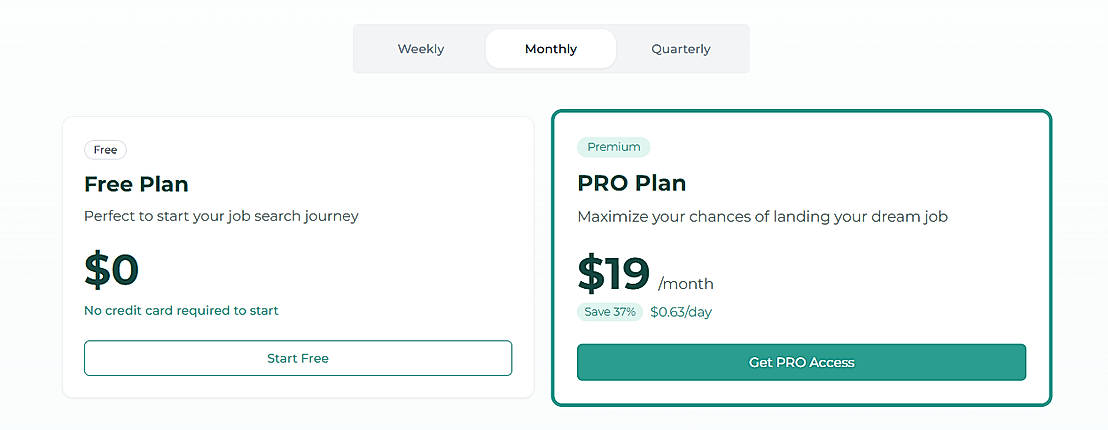 Pricing screenshot