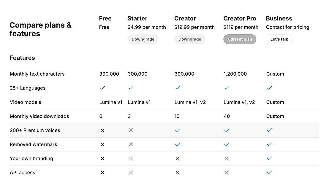 Pricing screenshot