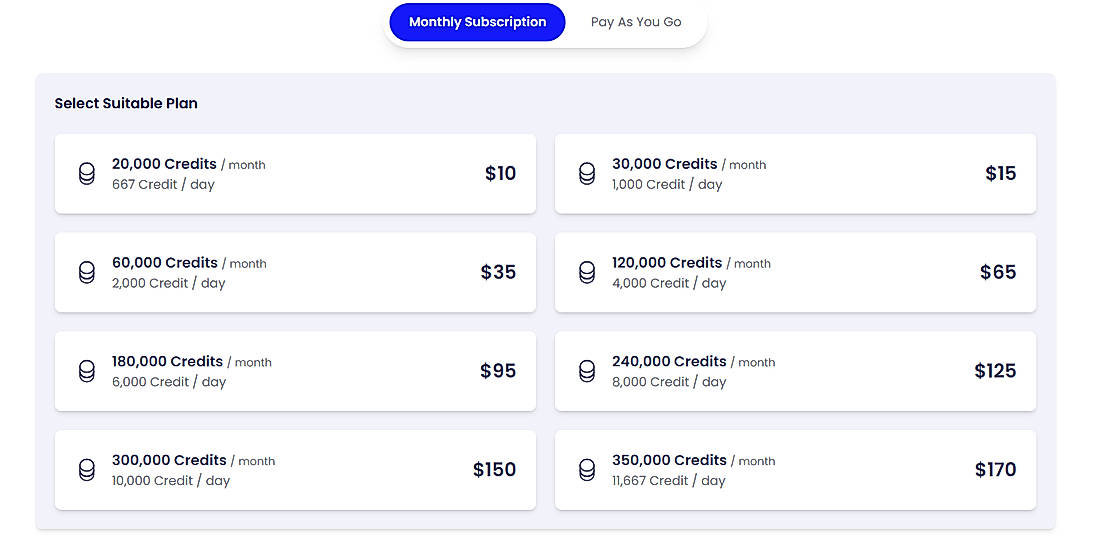Pricing screenshot