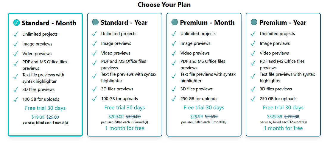 Pricing screenshot