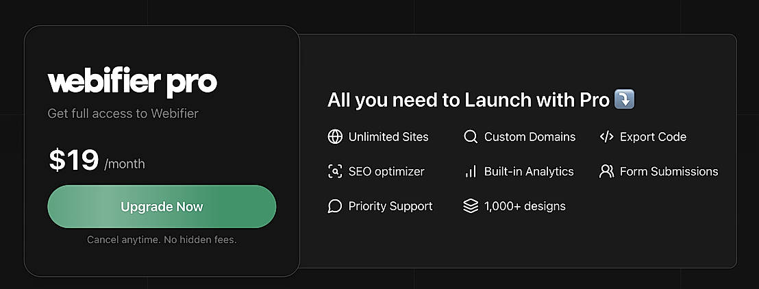 Pricing screenshot