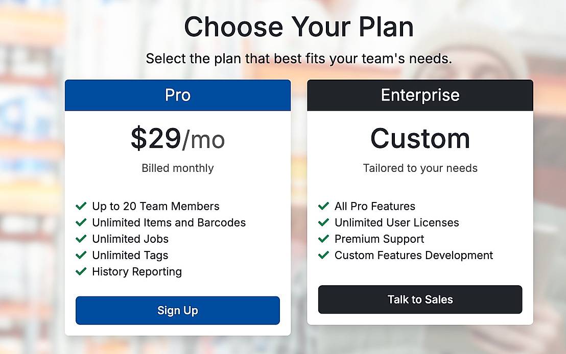 Pricing screenshot