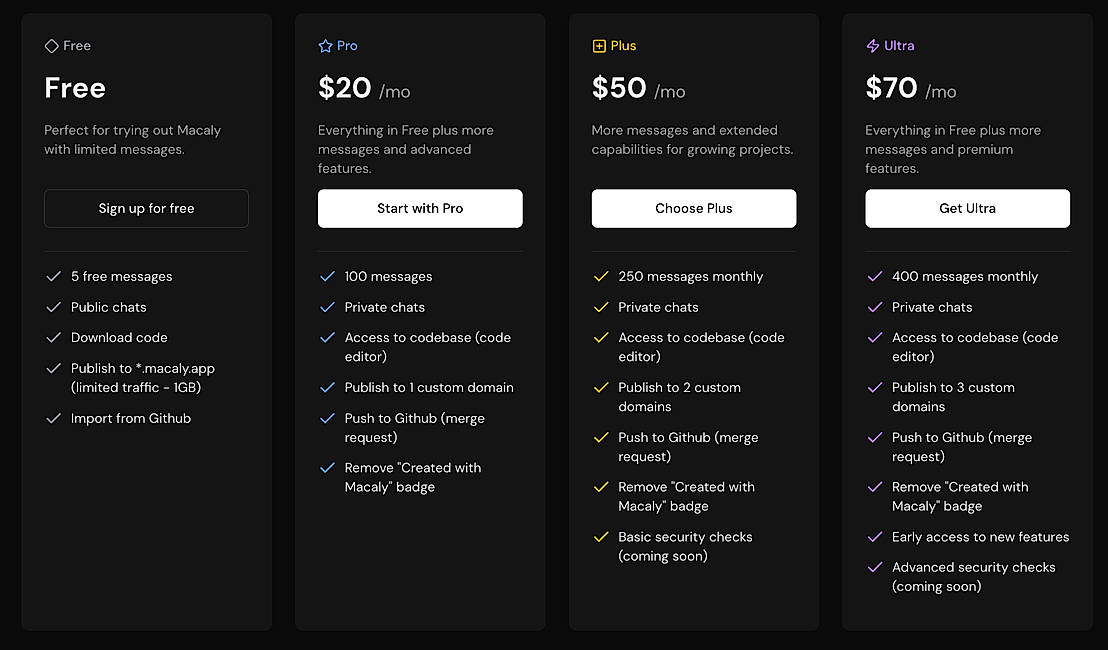 Pricing screenshot