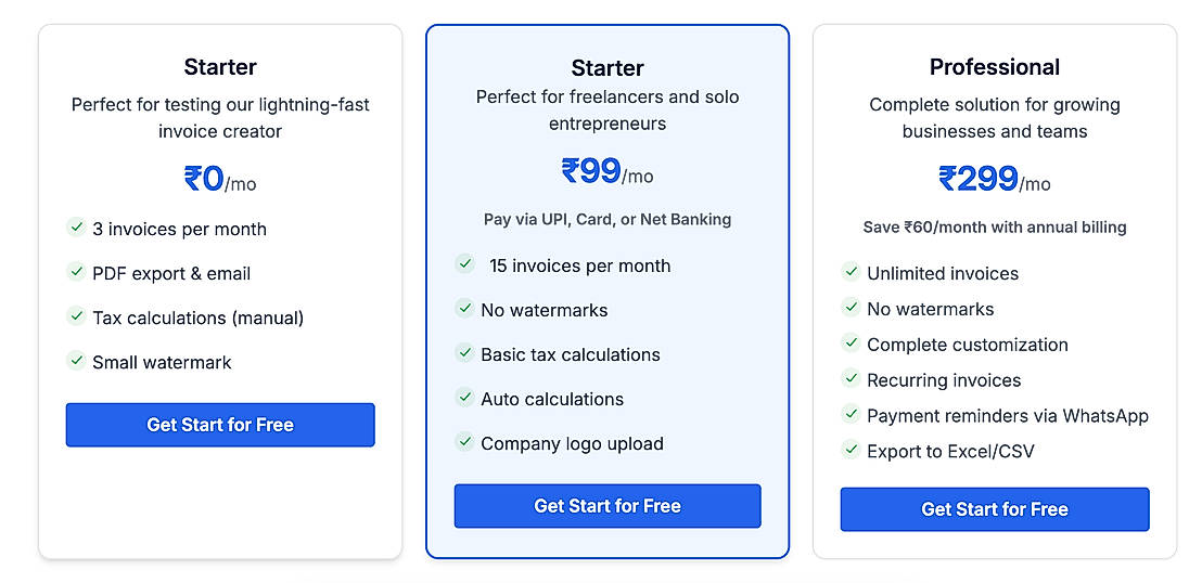 Pricing screenshot