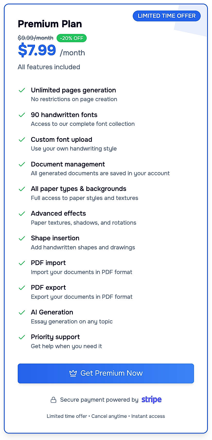 Pricing screenshot