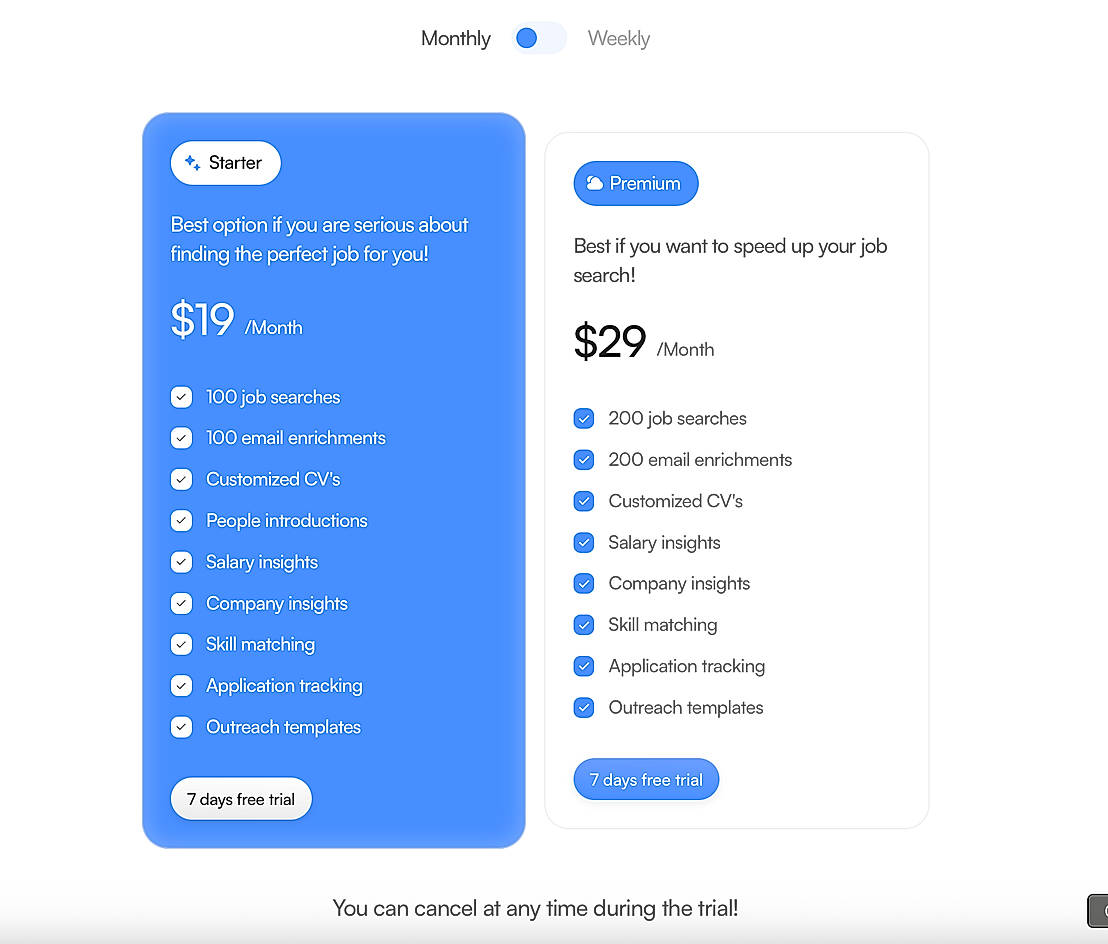 Pricing screenshot