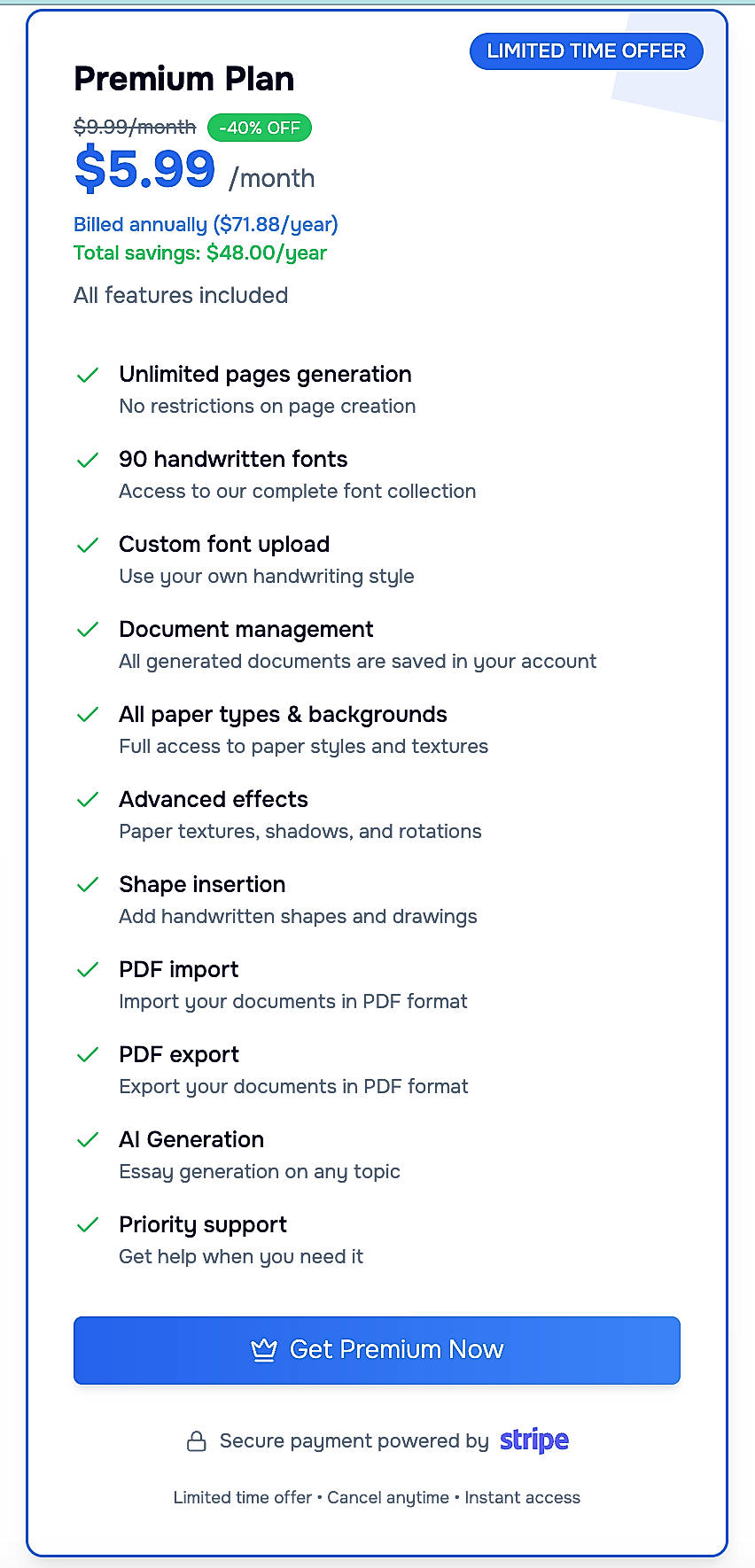 Pricing screenshot