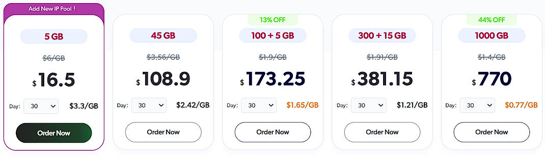 Pricing screenshot