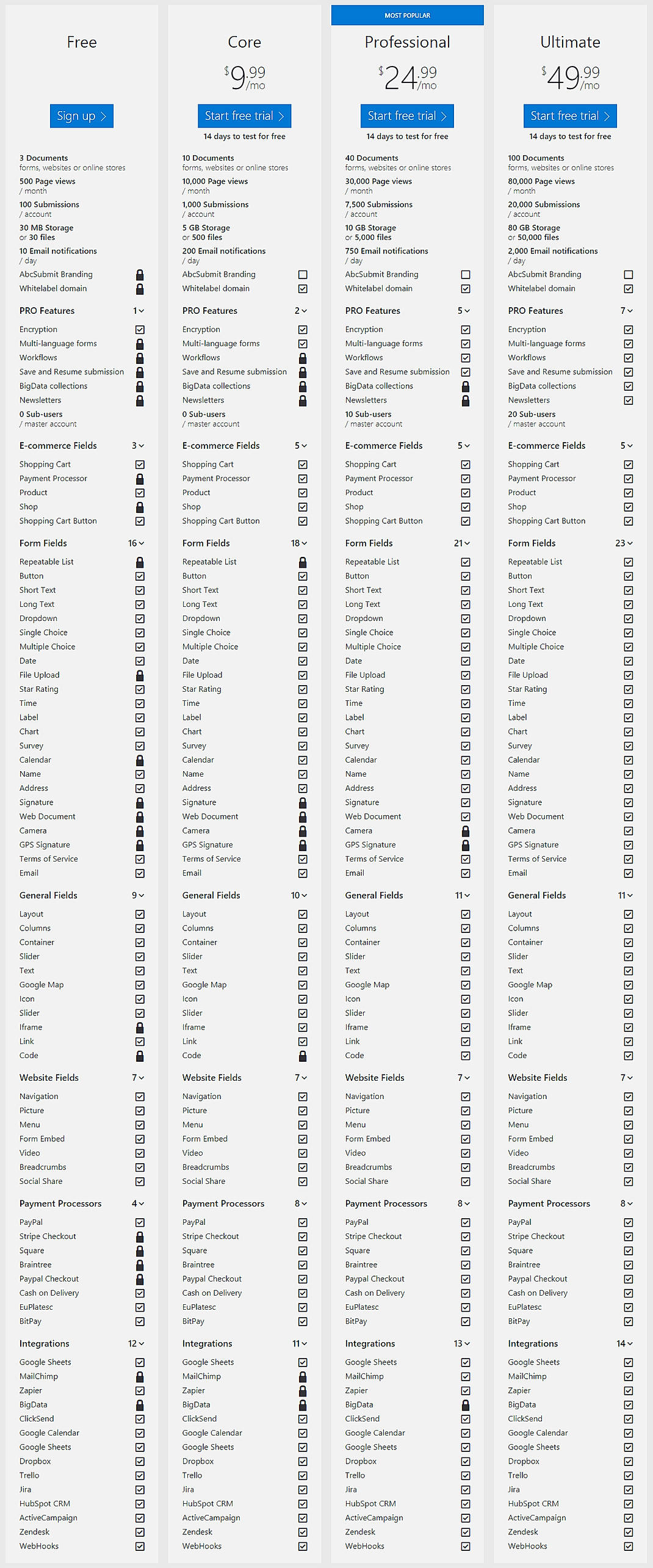 Pricing screenshot