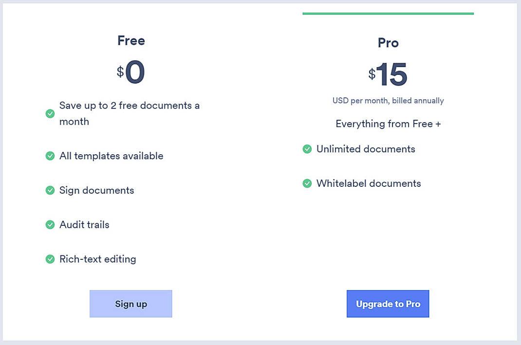 Pricing screenshot