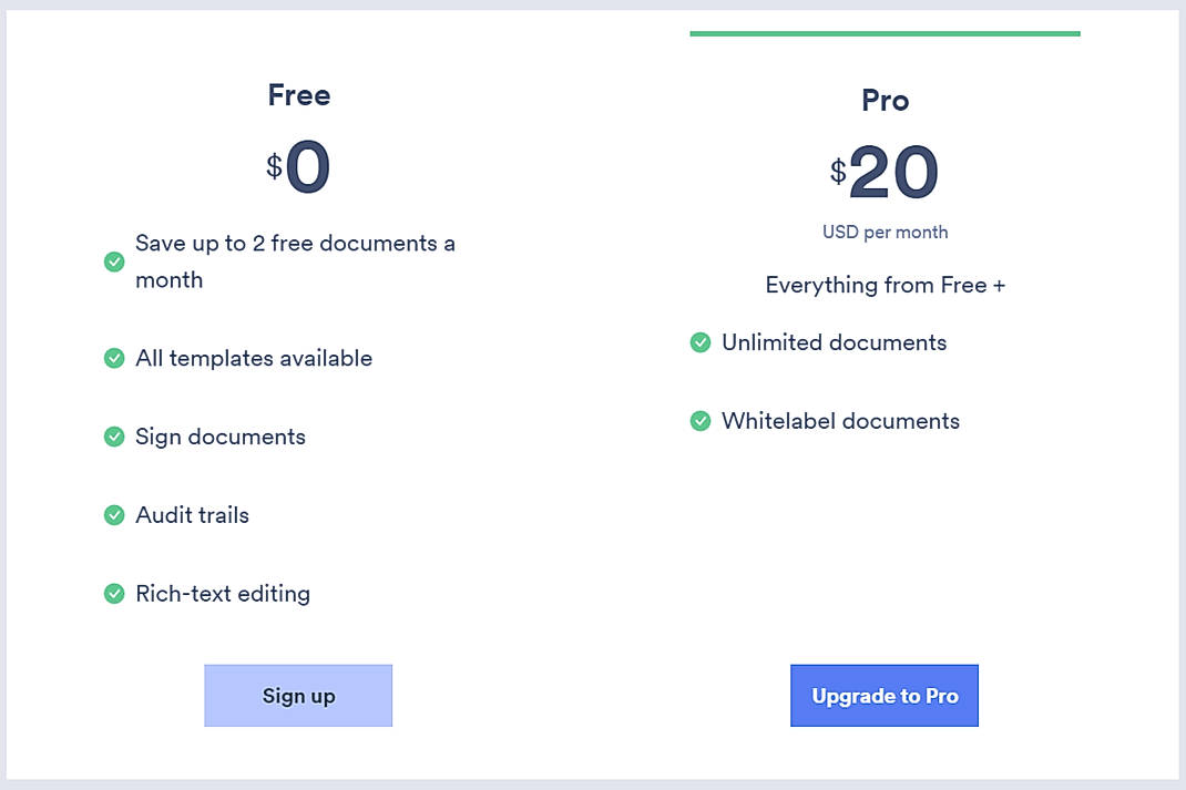 Pricing screenshot