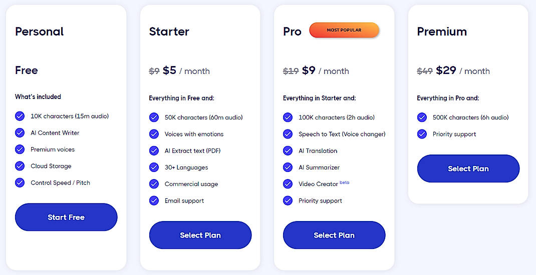 Pricing screenshot