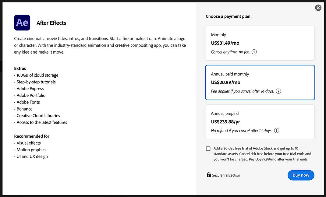 Pricing screenshot