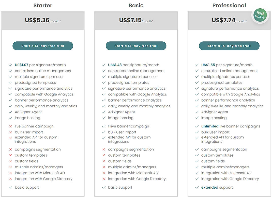 Pricing screenshot
