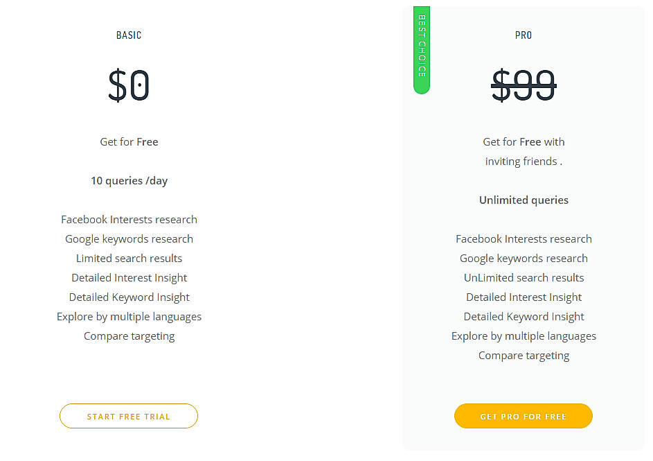 Pricing screenshot