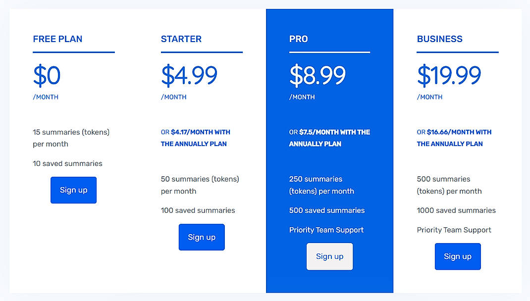 Pricing screenshot