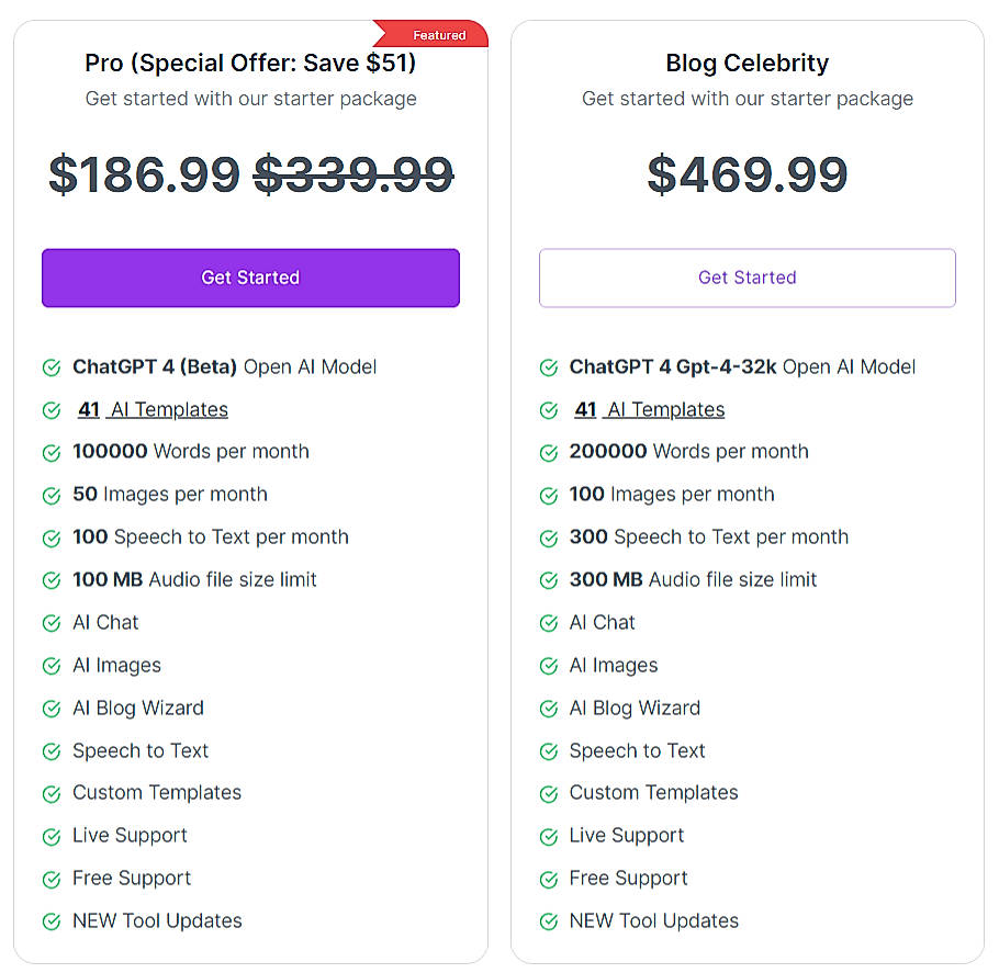 Pricing screenshot