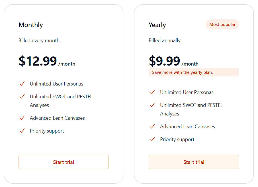 Pricing screenshot