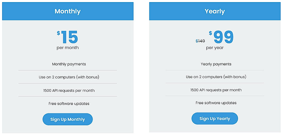 Pricing screenshot