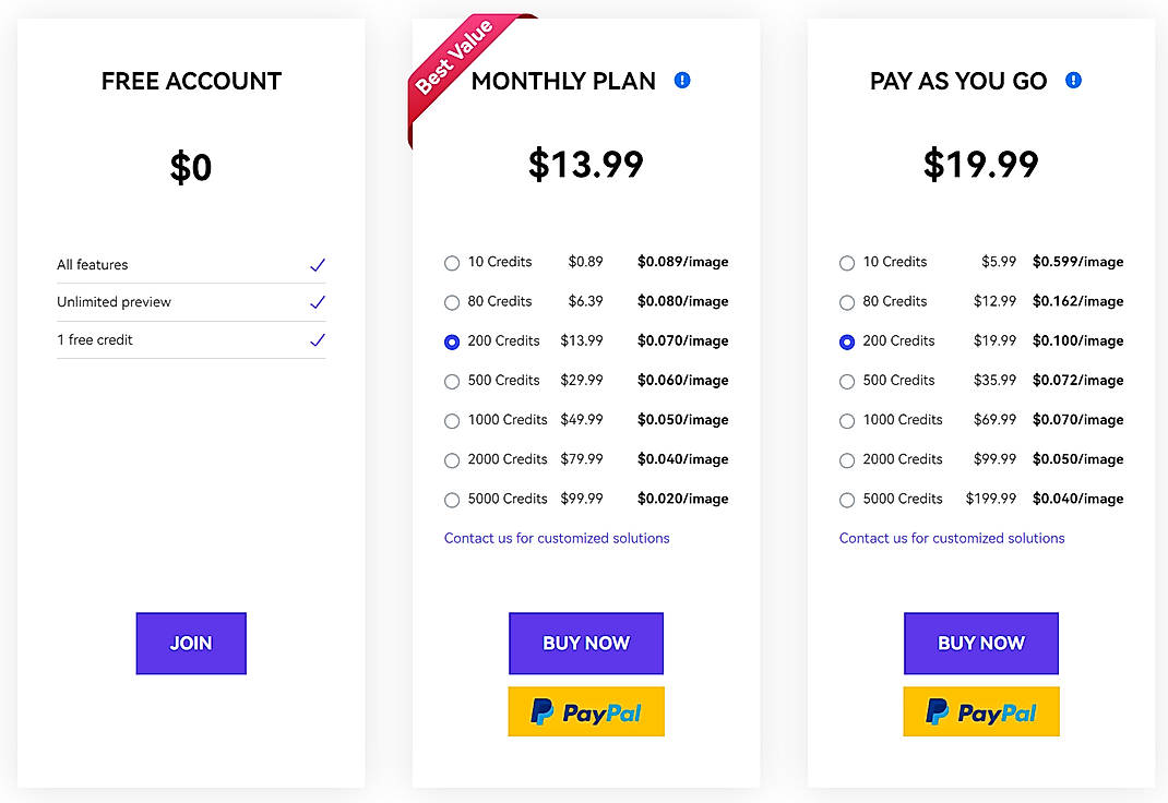 Pricing screenshot