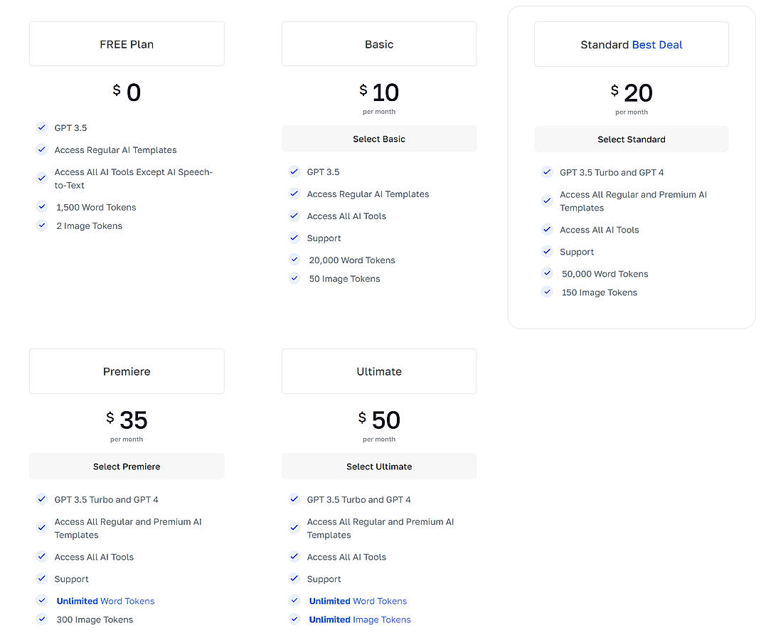 Pricing screenshot