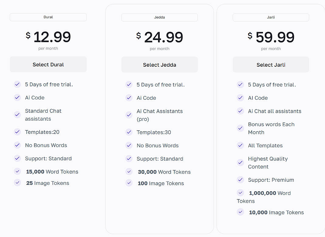 Pricing screenshot
