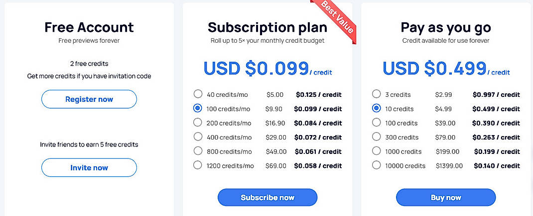 Pricing screenshot