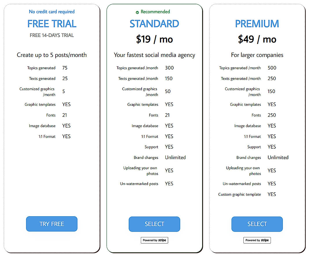 Pricing screenshot