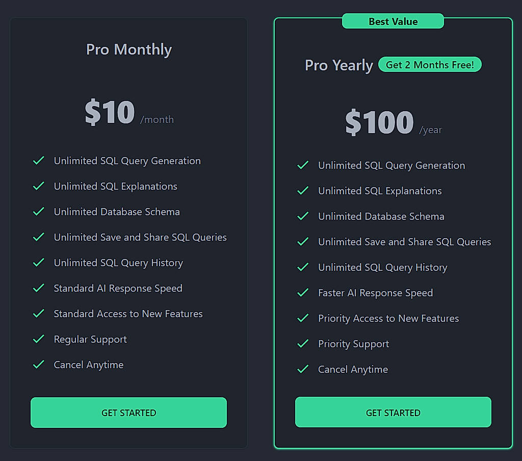 Pricing screenshot