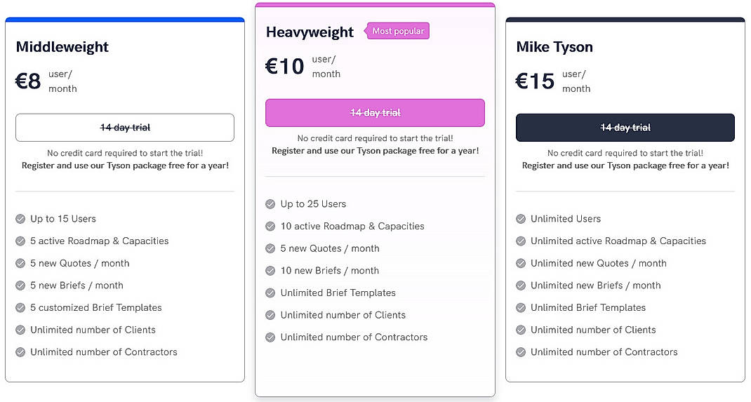 Pricing screenshot