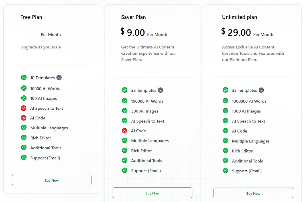 Pricing screenshot