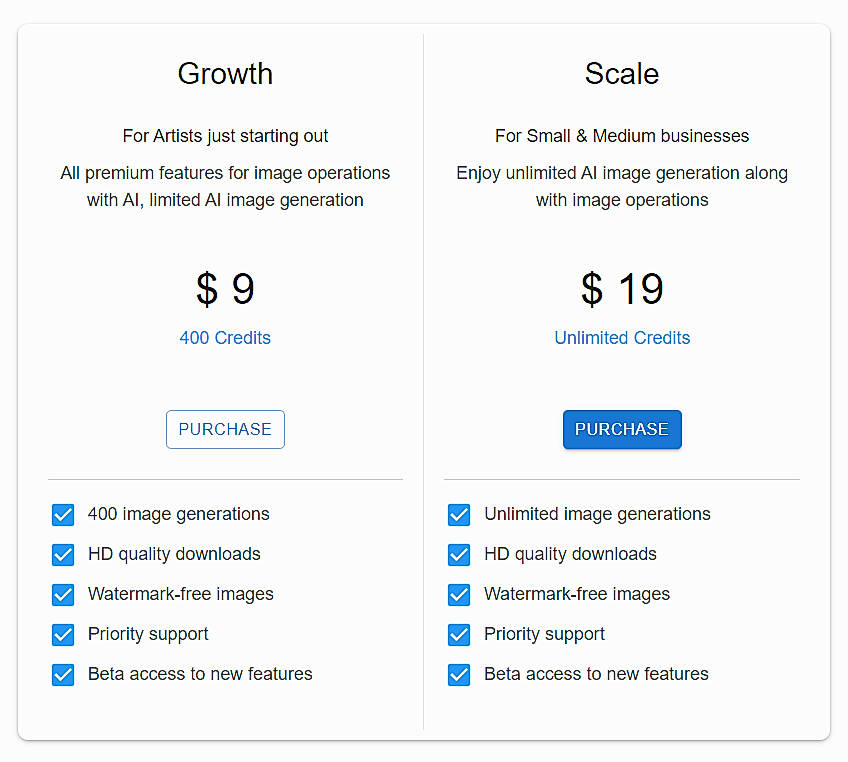 Pricing screenshot