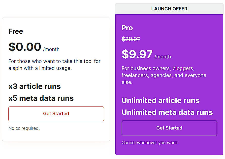 Pricing screenshot