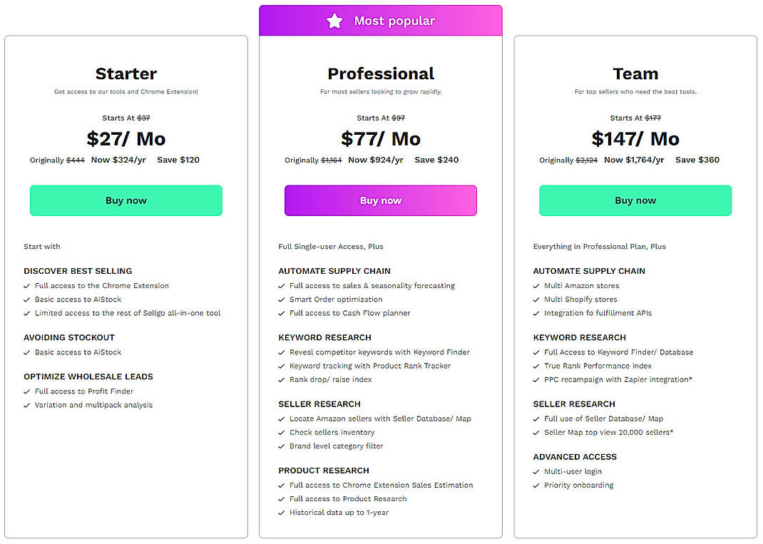 Pricing screenshot