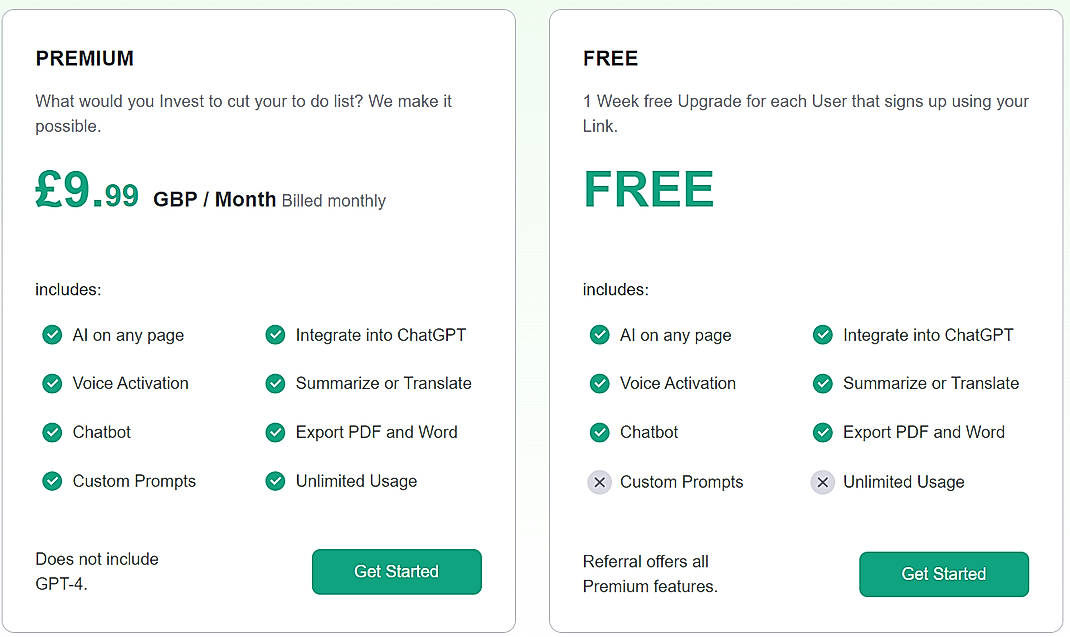 Pricing screenshot