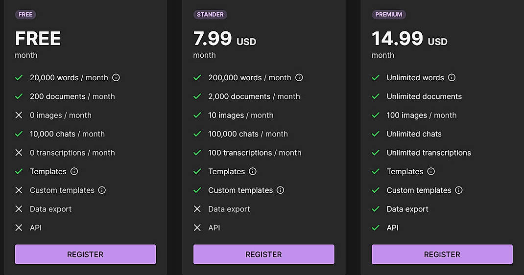Pricing screenshot