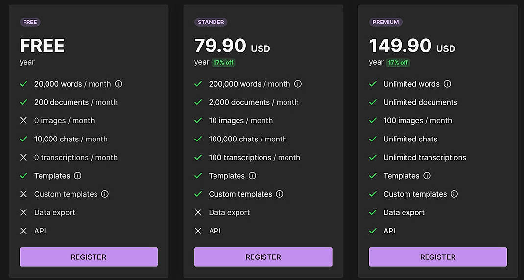Pricing screenshot
