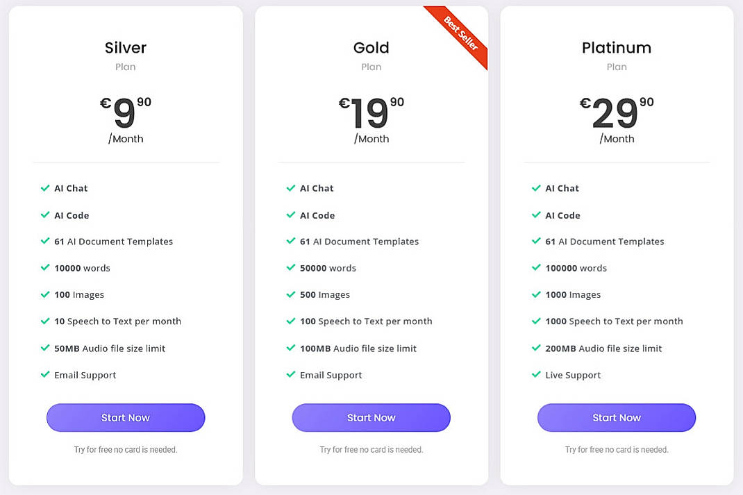 Pricing screenshot