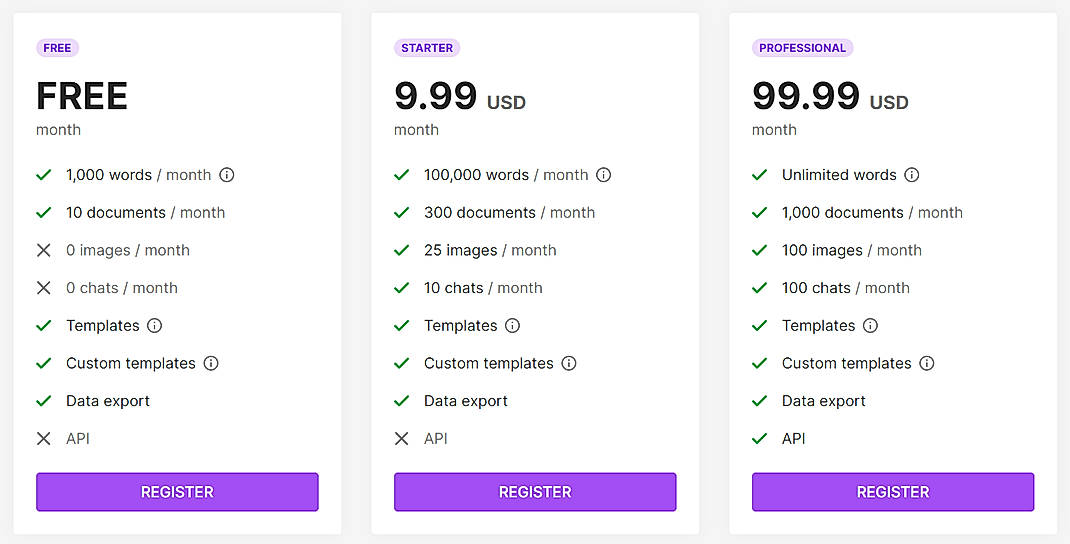 Pricing screenshot