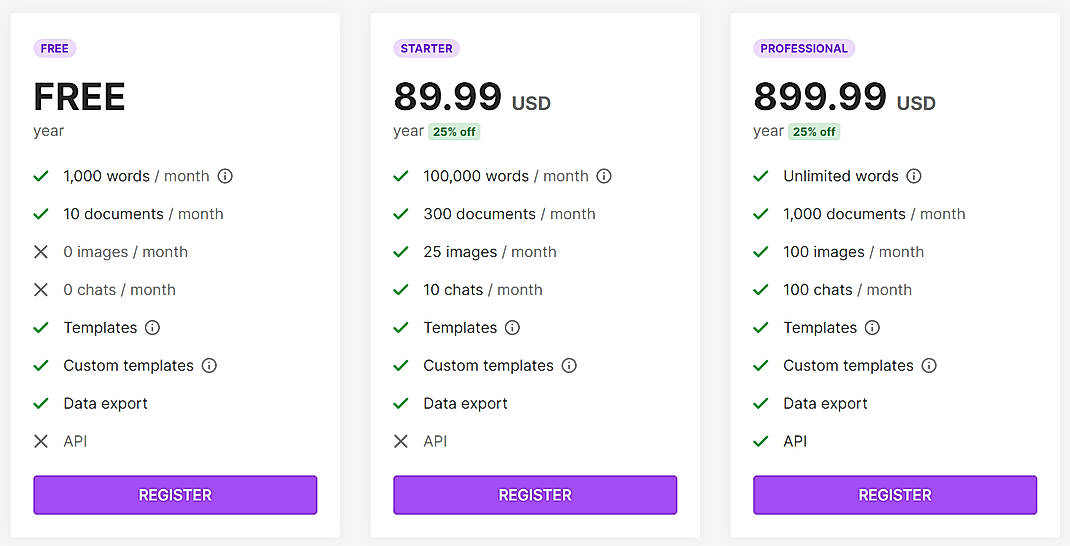 Pricing screenshot