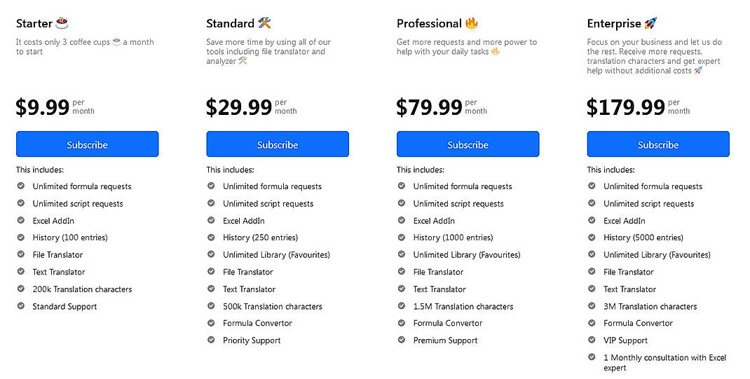Pricing screenshot