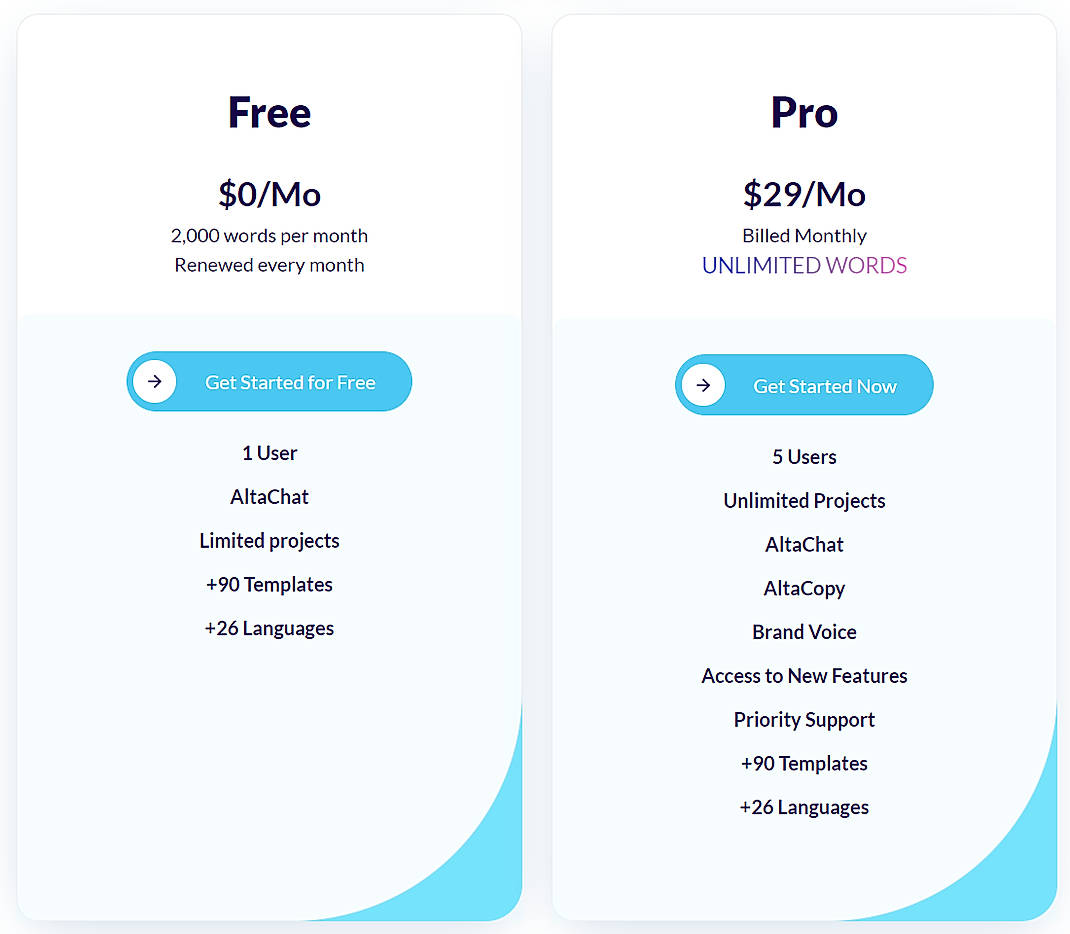 Pricing screenshot