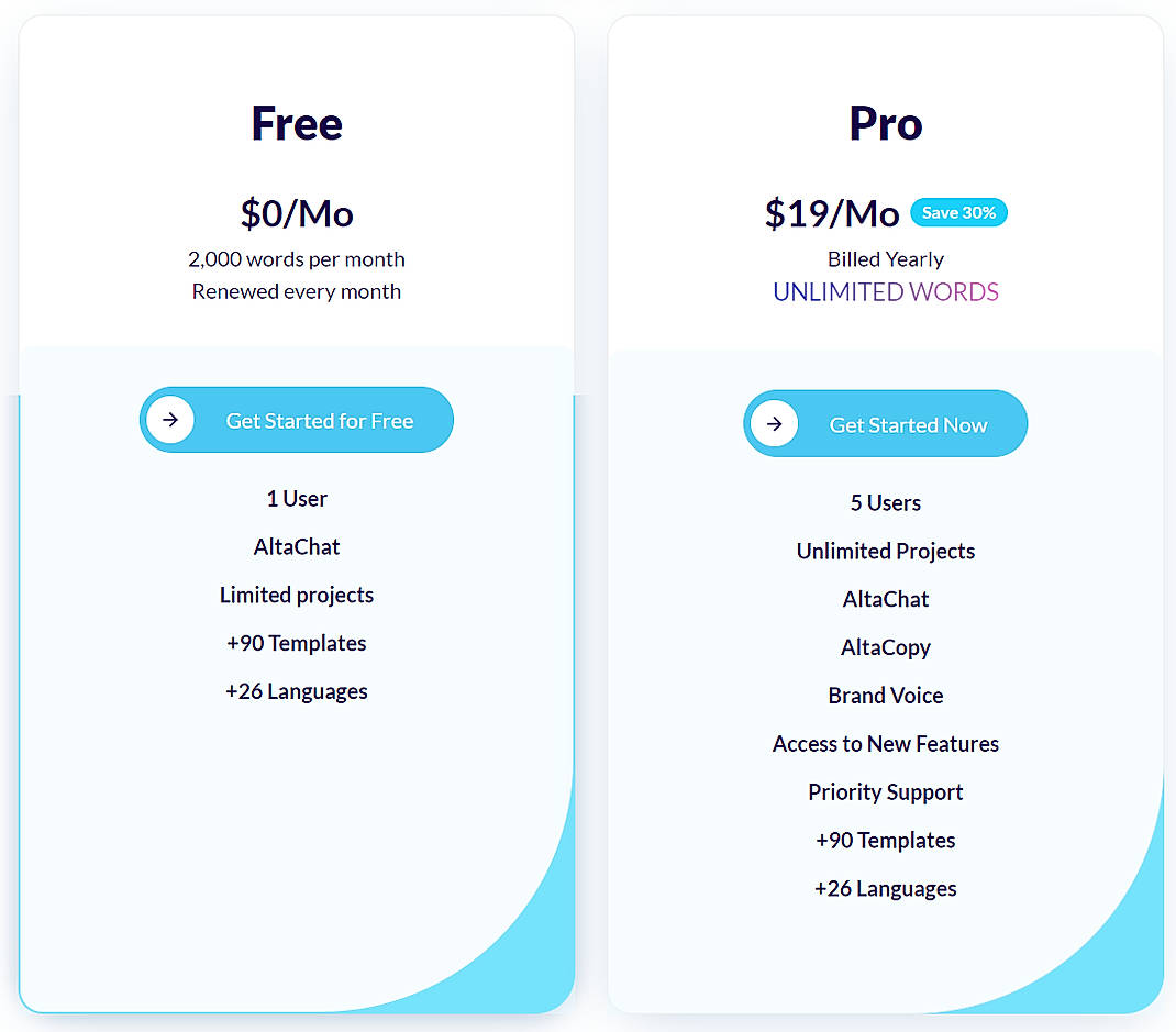 Pricing screenshot