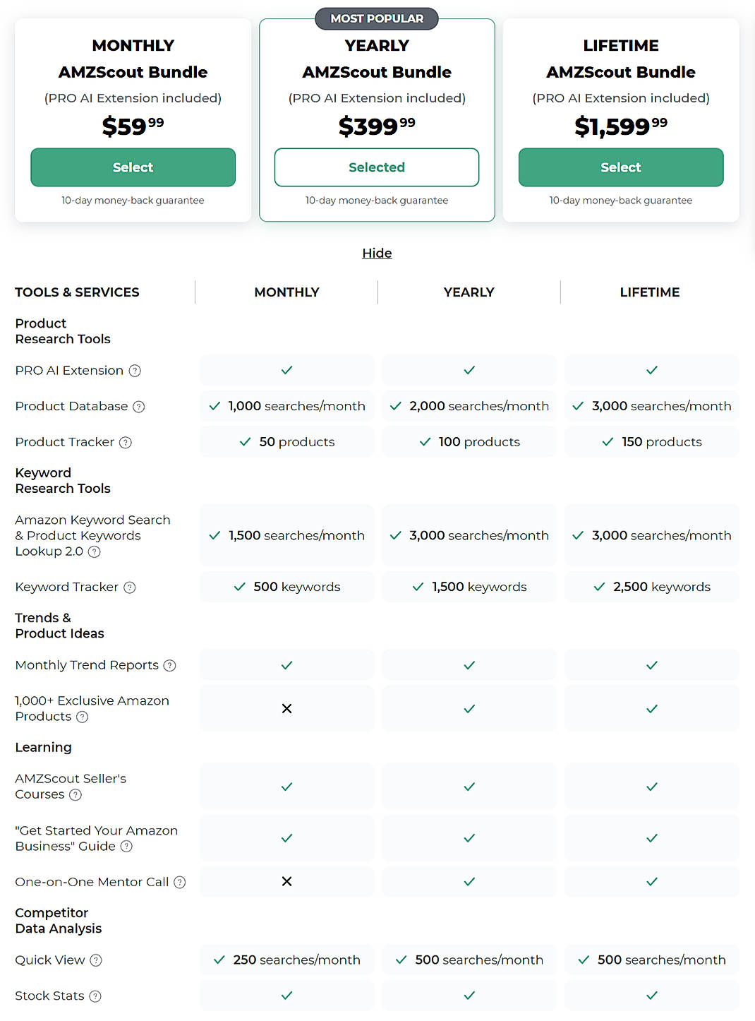 Pricing screenshot